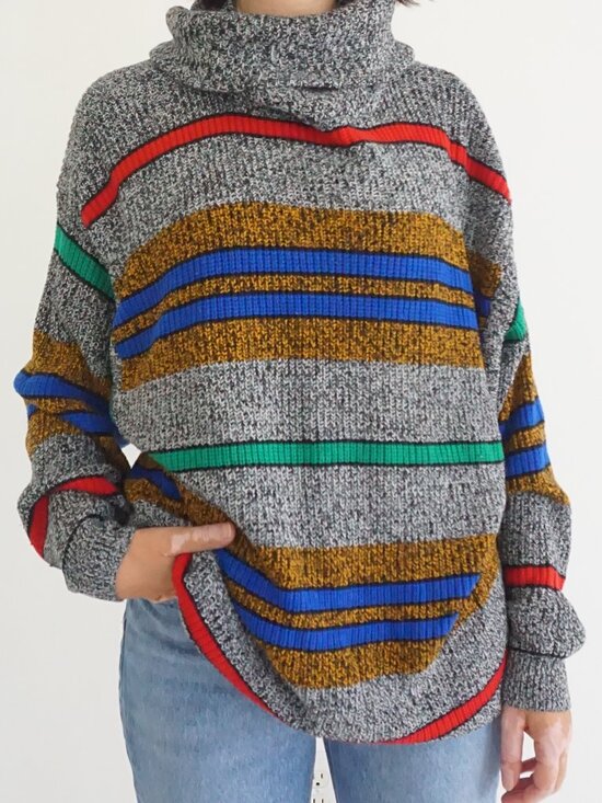 Sweaters - Vintage Gianni Grey Multicolor Striped Colourblock Chunky Knit Sweater 22/24